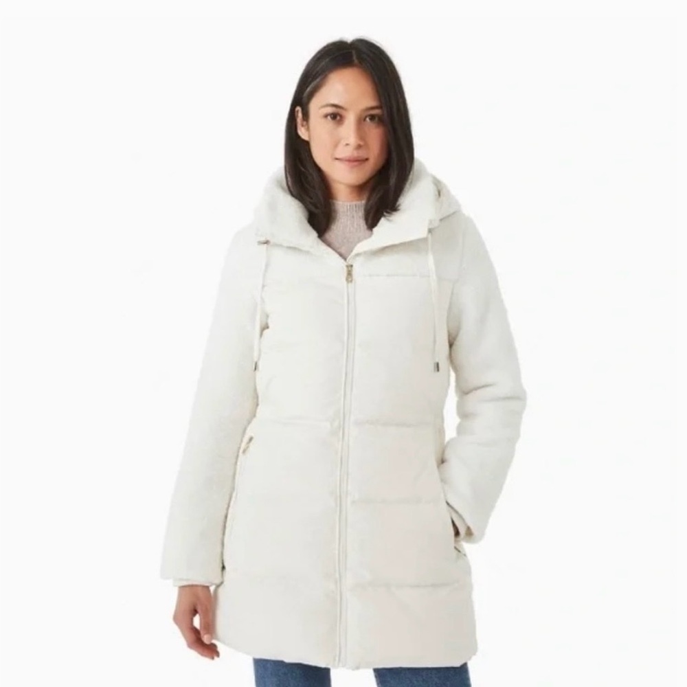 KATE SPADE Mixed Media Sherpa and Down Coat, French Cream